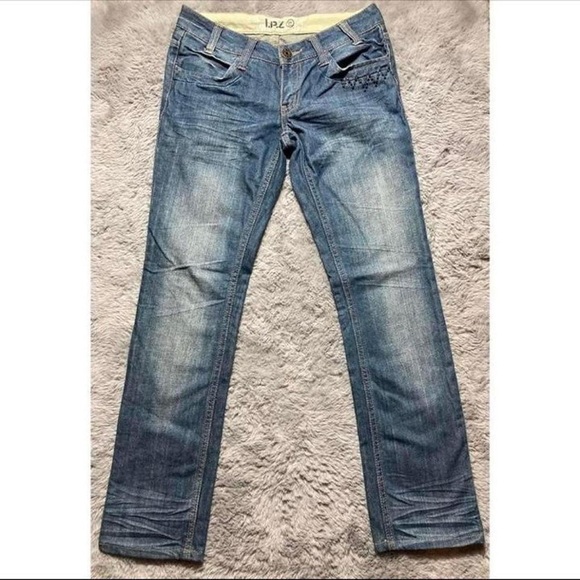 IPZ Denim - Y2k I.P.Z low rise dark wash bootcut jeans with black rhinestones